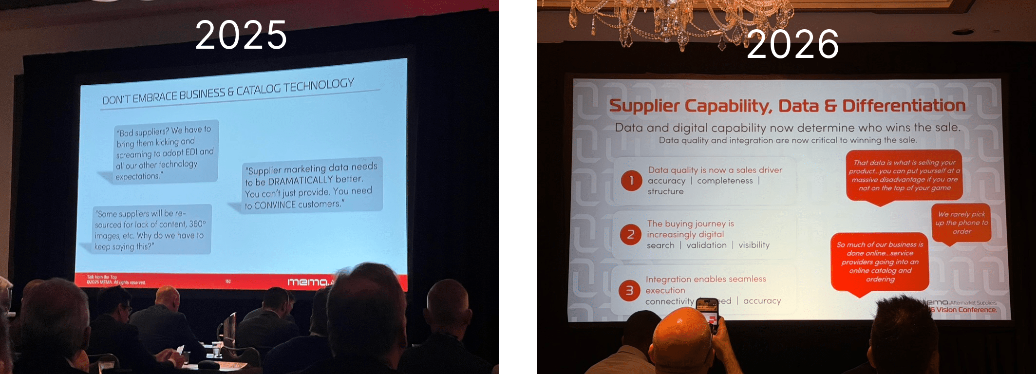 MEMA Vision Conference 2025 vs 2026 comparison slides showing data and digital capability as key differentiators in the automotive aftermarket